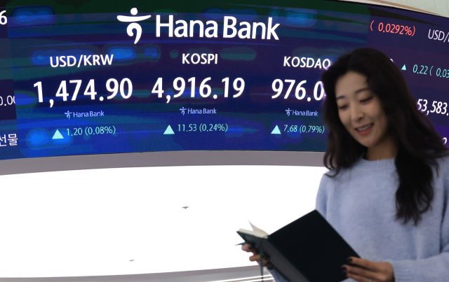 20일 서울 중구 하나은행 본점에서 직원이 증시 및 환율 전광판 앞을 지나고 있다. 연합뉴스