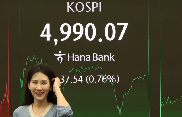 지난 23일 서울 중구 하나은행 본점 딜링룸에서 직원이 코스피 종가를 보며 밝은 표정을 짓고 있다. 이날 코스피는 장 초반 5,000선을 회복한 뒤 오름폭을 줄여 4,990대에서 장을 마쳤으며 코스닥지수는 2% 넘게 급등해 '천스닥'(코스닥 1,000)에 바짝 다가섰다. 연합뉴스