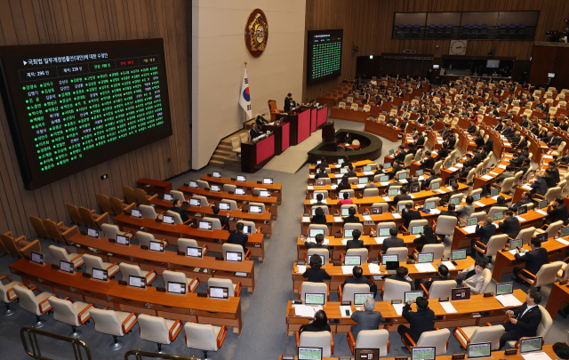 29일 국회에서 열린 본회의에서 국회법 일부개정법률안(대안)에 대한 수정안이 가결되고 있다. 연합뉴스