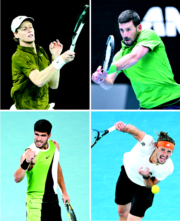 호주오픈 테니스대회 남자 단식 4강에서 세계 랭킹 1∼4위가 맞붙는다. 사진은 맨위 왼쪽부터 시계방향으로 얀니크 신네르(2위·이탈리아), 노바크 조코비치(4위·세르비아), 알렉산더 츠베레프(3위·독일), 카를로스 알카라스(1위·스페인). AFP연합