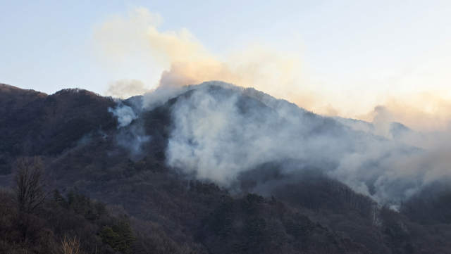 21일 오후 9시 14분 함양군 마천면 창원리 산23-2 일원에서 발생한 산불이 강풍을 타고 확산하고 있다. 경남도 제공