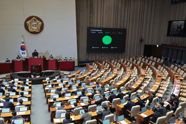 25일 국회에서 열린 2월 임시국회 본회의에서 이른바 '3차 상법 개정안'이 국민의힘 의원들의 불참 속에 통과되고 있다. 연합뉴스