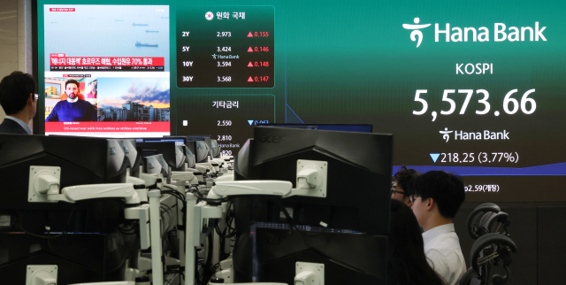 4일 중구 하나은행 본점 딜링룸 전광판에 실시간 코스피가 표시돼 있다. 연합뉴스