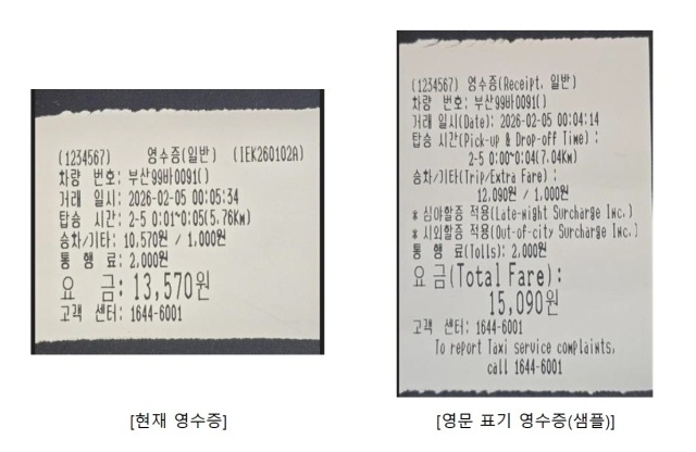 오는 30일부터 부산 택시에 영문 표기 영수증이 적용된다. 부산개인택시조합 제공
