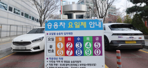 정부가 에너지 절약을 위해 공공부문 ‘승용차 5부제(요일제)’를 강화하기로 했다. 지난 24일 부산 연제구청 주차장 입구에 승용차 요일제 안내판이 설치돼 있다. 정종회 기자 jjh@