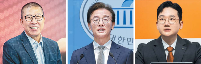 각 정당 부산시장 후보로 선출된 박형준(왼쪽) 부산시장과 더불어민주당 전재수 의원, 개혁신당 정이한 전 대변인에게 본보가 보도한 시민 63명의 요구를 전달했다. 부산일보DB·연합뉴스