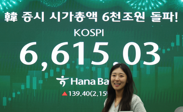 27일 서울 중구 하나은행 딜링룸 현황판에 6600선을 돌파한 코스피 종가가 떠 있다. 연합뉴스