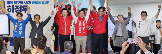 부산 북갑 국회의원 보궐선거에 출마한 후보자들이 10일 일제히 선거 사무소 개소식을 열었다. 북갑 보선 결과가 부산의 지방권력 변화는 물론, 향후 정국 주도권과 보수 재편, 민주당의 PK(부산·울산·경남) 확장 가능성까지 좌우할 핵심 승부처로 떠올랐다. 왼쪽부터 더불어민주당 하정우 후보, 국민의힘 박민식 후보, 무소속 한동훈 후보. 김종진·정종회 기자 kjj1761@·연합뉴스