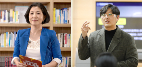 부산디지털대학교 최유미 교수(왼쪽·‘SDGs 시민실천 K-자원봉사 레시피’)와 노윤홍 교수(오른쪽·‘코딩제로, 생성형 AI와 Framer로 완성하는 글로벌 랜딩페이지’