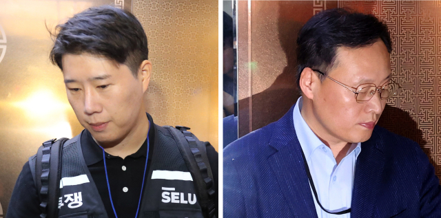 삼성전자 사측 대표교섭위원인 여명구 DS(디바이스솔루션·반도체 사업 담당) 피플팀장과 삼성그룹 초기업노동조합 삼성전자지부 최승호 위원장(왼쪽)이 20일 정부세종청사 중앙노동위원회에서 노사협상 결렬에 따른 입장을 밝힌 뒤 협상장을 떠나고 있다. 연합뉴스