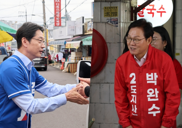 (왼쪽) 더불어민주당 김경수 경남지사 후보가 22일 경남 창원시 의창구 소답시장에서 유세하고 있다. (오른쪽) 같은 날 국민의힘 박완수 경남지사 후보가 창원시 성산구 반송시장에서 유세하고 있다. 각 후보 선거본부 제공