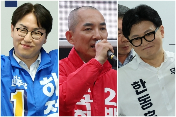 부산 북갑 국회의원 보궐선거에 출마한 더불어민주당 하정우(왼쪽부터), 국민의힘 박민식, 무소속 한동훈 후보. 김종진 기자 kjj1761@