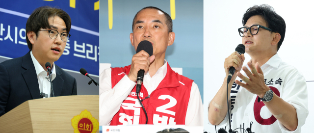 6·3 부산 북갑 보궐선거에 뛰어든 하정우(왼쪽) 더불어민주당 후보, 박민식(가운데) 국민의힘 후보, 한동훈(오른쪽) 무소속 후보. 정대현·이재찬 기자 jhyun@·연합뉴스