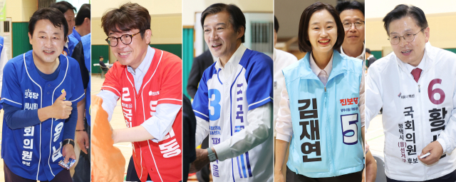 경기 평택을 국회의원 재선거에 출마한 후보들이 31일 경기도 평택시 팽성읍 한 초등학교 총동문회 운동회에서 참석자들에게 인사하고 있다. 왼쪽부터 더불어민주당 김용남 후보, 국민의힘 유의동 후보, 조국혁신당 조국 후보, 진보당 김재연 후보, 자유와혁신 황교안 후보. 연합뉴스