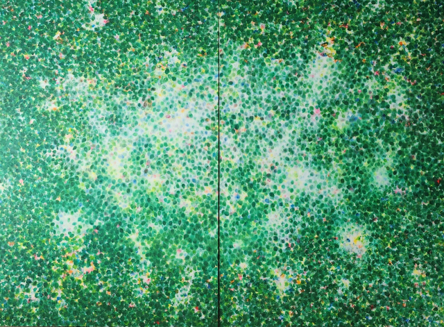 김춘자의 'Breathoil on canvas'(2025). 초여름 나무 그늘 아래에서 마주한 자연의 숨결. 일렁이는 잎 사이의 공간이 살아 움직이는 생명감으로 번진다. space bv 제공