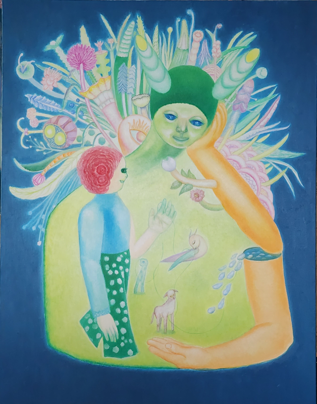 김춘자의 'Talk Aboutoil on canvas'(2025). 풀꽃의 몸짓, 새의 노랫말, 나뭇가지의 수런거림과 빗방울의 전언을 듣고자 하는 마음을 담았다. space bv 제공