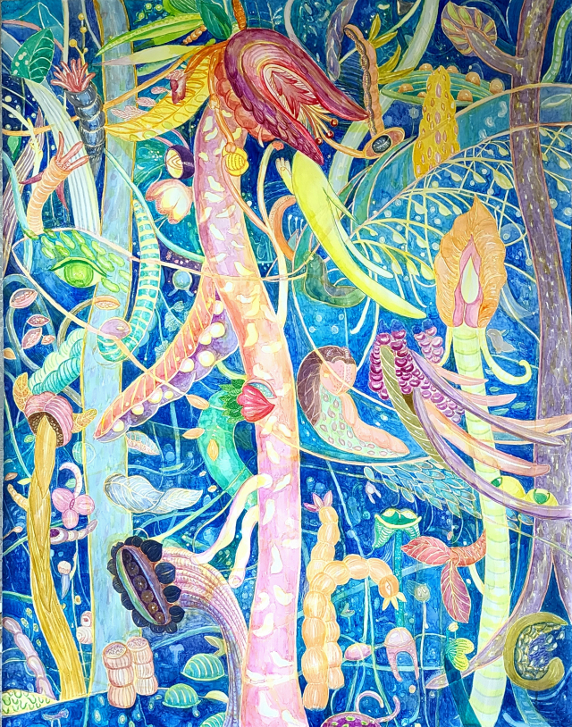 김춘자의 수채화 작품 'The Forest watercolor on paper'(2026). 계절과 시간에 따라 변모하는 숲은 거대한 장편소설 같다. 그 안의 신비, 약동, 에너지와 불멸의 아름다움을 담았다. space bv 제공