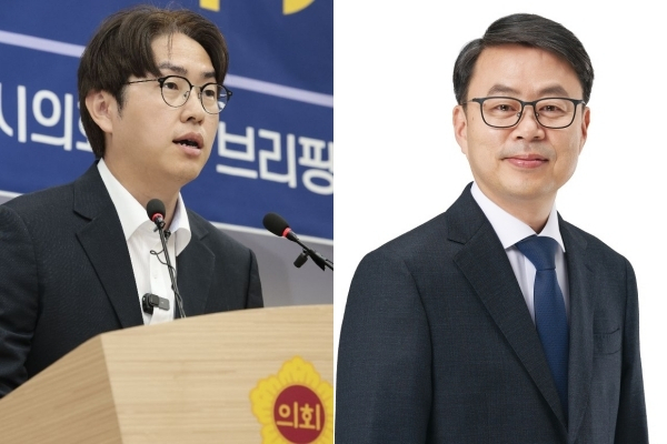 하정우(왼쪽) 민주당 북갑 지역위원장과 박홍배 사상 지역위원장.