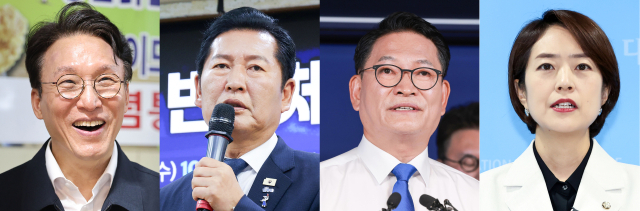 더불어민주당 차기 당권 주자들의 공식 출마 선언이 속속 이어지며 8·17 전당대회 대진표가 윤곽을 드러내고 있다. 왼쪽부터 목포 동부시장을 방문한 김민석 전 총리, 국회 의원회관에서 열린 정책토론회에 참석한 정청래 전 대표, 당사에서 출마 선언을 한 송영길 의원, 국회 소통관에서 출마 선언을 한 고민정 의원. 연합뉴스