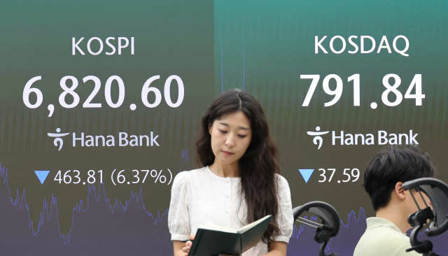 코스피가 다시 7000선을 내어준 16일 서울 중구 하나은행 딜링룸 현황판에 코스피·코스닥 종가가 표시돼있다. 연합뉴스