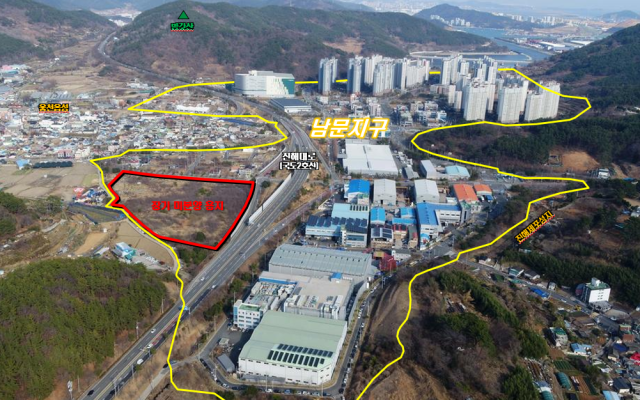경남 창원시 부산진해경제자유구역 남문지구 내 12년간 미분양 상태였던 공동주택용지(빨간 색 표시된 부분)의 실시계획이 변경됐다. 부산진해경제자유구역청 제공