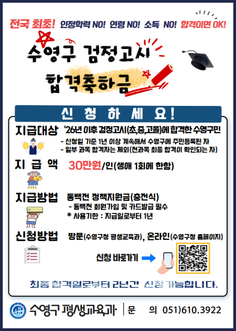 수영구, 검정고시 합격자에 30만 원 합격축하금