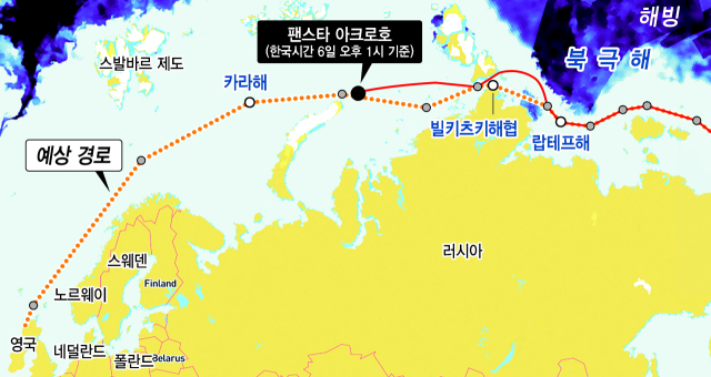 팬스타 아크로호가 마지막 유빙 위험 지역인 빌키츠키 해협을 지나 6일 오후 1시 기준 러시아 세베르니섬 북동쪽 인근 해역(북위 약 77도)을 항해 중이다. 짙은 푸른색일수록 유빙 밀집도가 높은 해역이며, 실선이 팬스타 아크로호의 실제 항적이다. 맵시 제공·류지혜 기자 birdy@