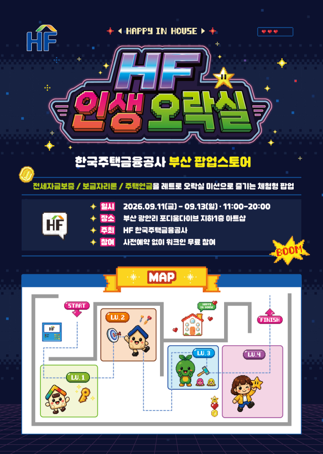 한국주택금융공사는 11일부터 13일까지 사흘간 부산 수영구 광안리 포디움다이브에서 체험형 팝업스토어 ‘주택금융 인생오락실’을 운영한다. 한국주택금융공사 제공