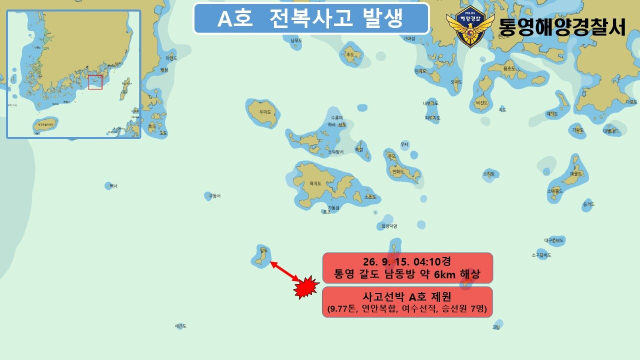 15일 오전 4시 10분께 경남 통영시 갈도 남동방 해상에서 어선원 7명이 탄 전남 여수 선적 9.77t 연안복합어선이 전복됐다. 통영해양경찰서 제공