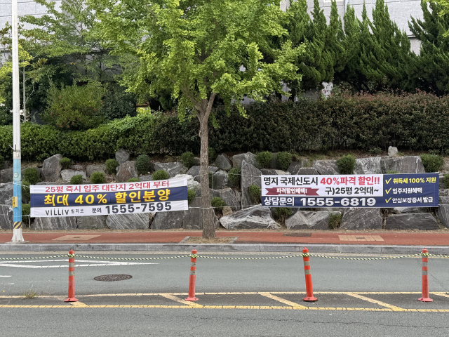 지난 14일 부산 강서구 명지오션시티 일대 도로에 부착된 불법 현수막 모습. 손희문 기자