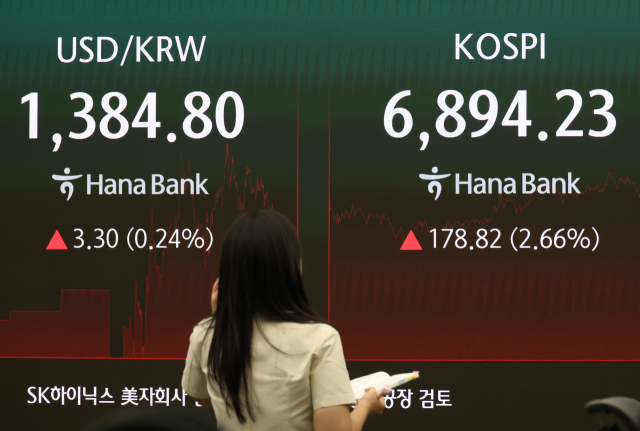 18일 중구 하나은행 본점 딜링룸 전광판에 원/딜러 환율과 코스피 종가가 표시돼 있다.연합뉴스