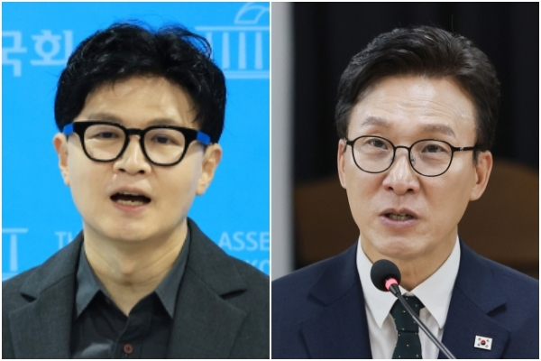 무소속 한동훈(왼쪽) 의원과 더불어민주당 김민석 대표. 연합뉴스