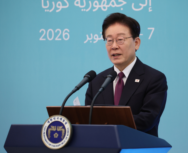 이재명 대통령이 8일 청와대에서 열린 압델 파타 알시시 이집트 대통령과의 공동언론발표에서 발언하고 있다. 연합뉴스