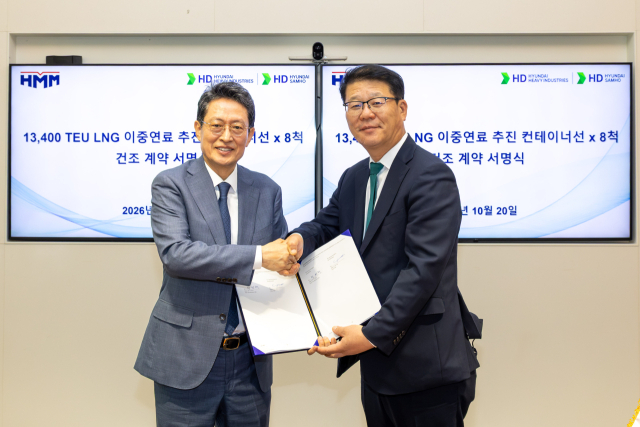 20일 판교 HD현대 글로벌R&D센터(GRC)에서 진행된 1만 3000TEU급 LNG 이중연료 컨테이너선 건조 계약 서명식에서 HMM 최원혁 대표이사 사장(사진 왼쪽)과 HD현대중공업 여용화 선박영업본부장 부사장이 기념촬영을 하고 있다. HMM 제공